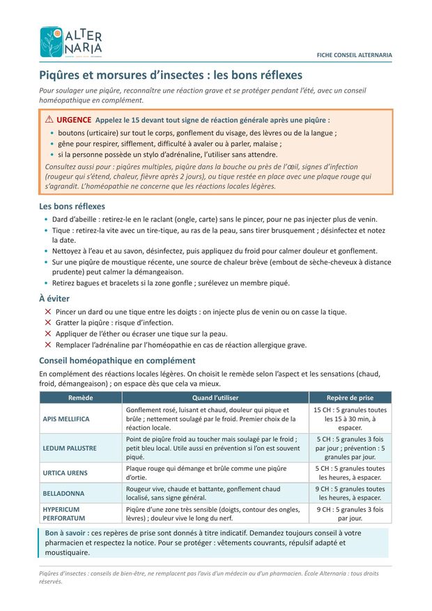 Fiche conseil : piqûres et morsures d'insectes